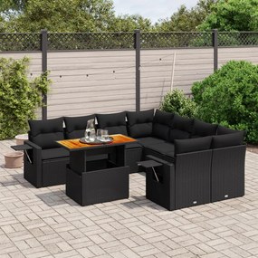 9 pcs conjunto de sofás p/ jardim c/ almofadões vime PE preto