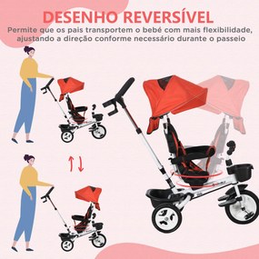 Triciclo Evolutivo 2 em 1 para Crianças com Guiador Apoio para os Pés Cinto de Segurança e Cesto 112x50x104 cm  Vermelho