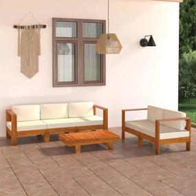 vidaXL 5 pcs conj. lounge de jardim c/ almofadões branco nata acácia