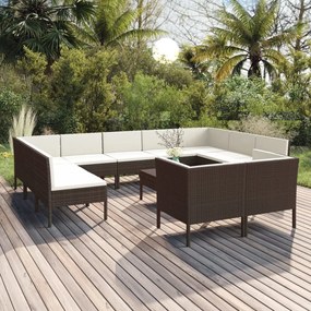 vidaXL 12 pcs conjunto lounge jardim c/ almofadões vime PE castanho