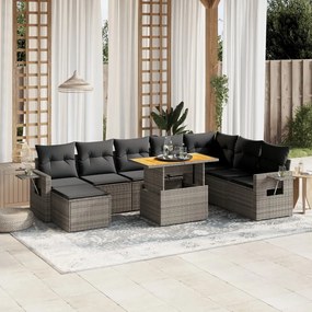 9 pcs conjunto sofás p/ jardim com almofadões vime PE cinzento