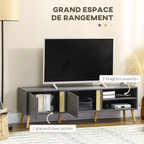 Móvel de TV para televisores até 55 polegadas, estilo escandinavo, com 2 portas e 2 nichos, com passadores de cabos, 150 x 35 x 45 cm, cinzento escuro