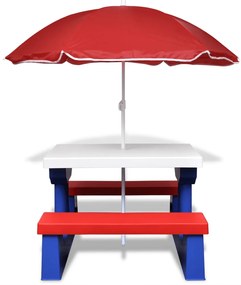 Mesa piquenique infantil + bancos/guarda-sol multicor