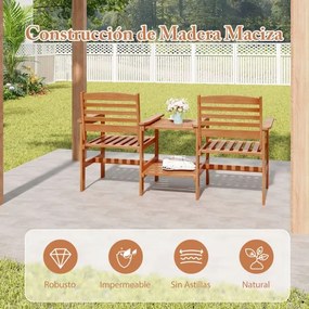 Sofá de jardim de 2 lugares com mesa de café em madeira com orifício para guarda-sol para jardim, piscina, varanda, terraço Castanho