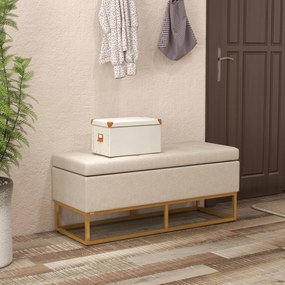 Banco de Armazenamento Retangular Estofado em Linho com Pés de Aço para Sala de Estar Dormitório 110x44x48 cm Bege