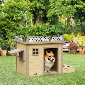 Casa para Cães de Madeira Casa para Cães Pequenos com 2 Janelas 2 Tigelas de Aço Inoxidável e Espaço de Cultivo para Interior e Exterior 105x65x80cm N