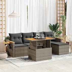 6 pcs conjunto sofás jardim com almofadões PE/acácia cinzento