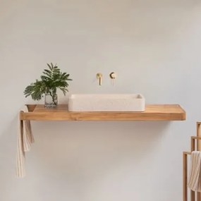 Conjunto De Móvel De Casa De Banho 130x45 Cm Suspenso Em Madeira De Teca Neill Madeira De Teca & Cimento Branco Retangular 60x30 Cm Ronald & - Sklum