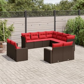 vidaXL 11 pcs conjunto sofás de jardim c/ almofadões vime PE castanho