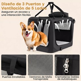 Transportadora dobrável tamanho S 61 x 43 x 43 cm para animais de estimação, com janelas de rede, 3 portas, cama felpuda e bolsos removíveis, para uso