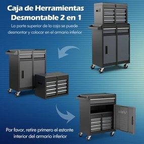 Caixa para ferramentas  (NÃO INCLUIDAS)  com 5 gavetas com rodas bloqueáveis e prateleira ajustável  59 x 28 x 102 cm preto e cinzento