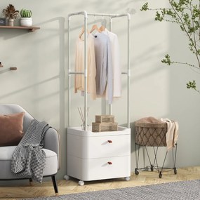 Guarda Roupa com 2 Gavetas Rodas Barra de Pendurar 4 Ganchos para Hall de Entrada Quarto Vestiário Branco