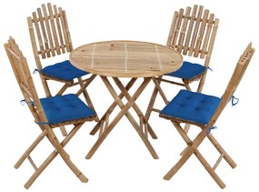 5 pcs conj. de jantar dobrável c/ almofadões p/ exterior bambu