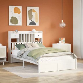 vidaXL Cama com estante sem colchão 135x190 cm pinho maciço branco