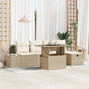 Conjunto de Sofá de Jardim de 6 Peças com Almofadas em Rattan Bege