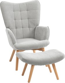 Poltrona com apoio para os pés, encosto alto, pés de madeira e tecido com efeito de veludo cotelê, para sala de estar ou quarto, cinzenta