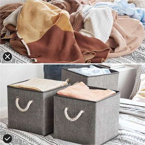 Conjunto de 3 Caixas de tecido sem tampa 30 x 30 x 30 cm, cinzentas