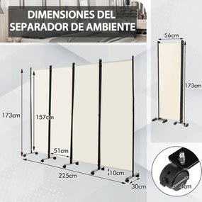 Biombo Divisória de quarto de 4 painéis com rodas Divisória de quarto escritório casa 225 x 30 x 173 cm Branco