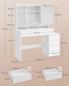 Toucador com iluminação LED moderno 40 x 118,3 x 145 cm em branco