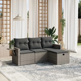 4 pcs conjunto sofás de jardim c/ almofadões vime PE cinzento
