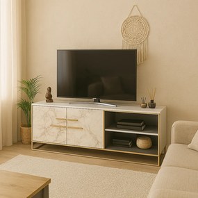 Móvel de TV SIENA em Mármore Branco com 2 Portas e Pernas Douradas – 1