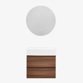 Conjunto De Móvel De Casa De Banho Suspenso Em Madeira E Folha De Freixo Com Lavatório Integrado Ona Madeira Escura & Redondo Led - Sklum