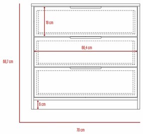 Conjunto Quarto Kaia, Mesa de cabeçeira + Comoda 3 Gavetas + Comoda 5 Gavetas, carvalho cinzento e branco