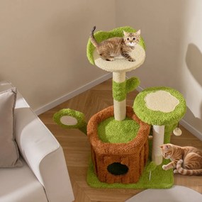 Arranhador para gatos para gatos com tronco, poleiro em forma de flor, cama, pompons, postes e painel para arranhar, verde e castanho