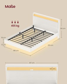 Estrutura de cama 140 x 200 cm com iluminação LED e 3 portas USB e 1 porta tipo C Branca