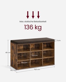 Banco spateira com almofadas e 9 compartimentos 30,3 x 78,5 x 48 cm Castanho vintage