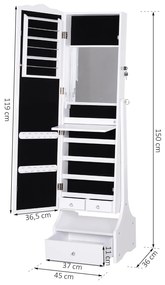 Espelho de joalheiro Armário de joias de pé com luzes LED Gavetas de bloqueio Espelho e dobradiça interior para comédicos 45x36x150cm