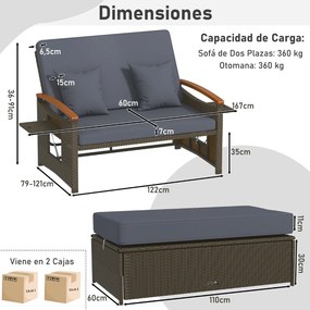Sofá-cama de rattan para exterior com apoio para os pés com arrumação Encosto ajustável em 4 níveis e tabuleiros laterais retrácteis Castanho/cinzento