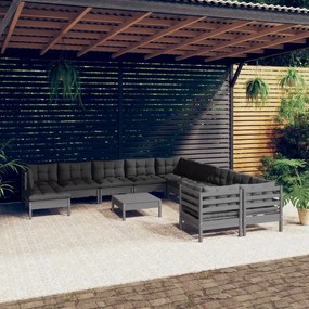 12 pcs conjunto lounge de jardim c/ almofadões pinho cinza