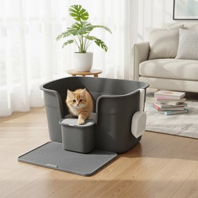 Caixa de areia gatos grande com paredes laterais altas 63,5 x 75 x 33 cm, tapete para areia e pá cinzento