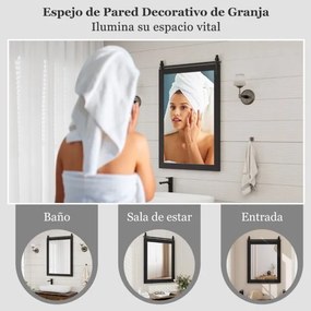 Espelho de parede estilo rústico 76,5 x 56 cm com moldura de madeira e suporte de metal para corredor, sala de estar, quarto 76,5 x 56 cm Preto
