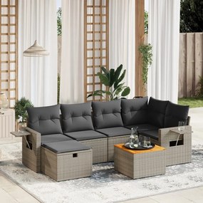 7 pcs conjunto sofás p/ jardim c/ almofadões vime PE cinzento