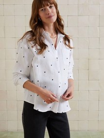 Camisa em gaze de algodão bordado FM para gravidez e amamentação.  branco