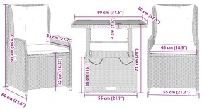 3 pcs conjunto bistrô com almofadões vime PE bege