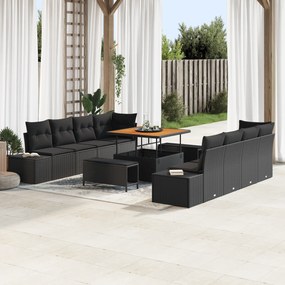 vidaXL Conjunto de Sofá de Jardim de 11 Peças com Almofadas Rattan Poliéster Preto Acácia