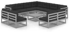 vidaXL 12pcs conjunto lounge de jardim + almofadões pinho maciço cinza