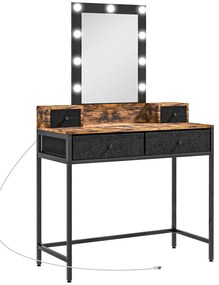 HOMCOM Penteadeira Mesa de Maquiagem Espelho LED Ajustável Integrado Base em Metal Preto 4 Gavetas de Tecido Aspecto Madeira Escura | Aosom Portugal