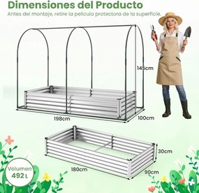 Estufa urbana 180 x 90 x 30 cm com estufa de PVC transparente, floreira de metal galvanizado, 2 janelas enroláveis, floreira coberta , prateado
