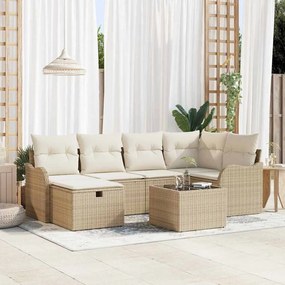 Conjunto de Sofá de Jardim de 7 Peças com Almofadas Bege Rattan Polipropileno