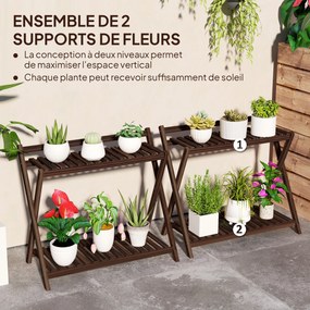 Conjunto de 2 suportes para plantas de interior com 2 níveis 73 x 36 x 64 cm, , prateleiras para plantas e suporte traseiro, castanhos