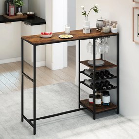 Mesa de cozinha, bar com compartimentos de arrumação e prateleiras para vinho e suportes para copos