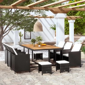 vidaXL 11 pcs conjunto jantar exterior com almofadões vime PE preto