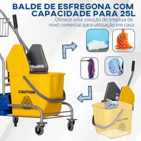 Carro de Limpeza Profissional Balde de Esfregona com Rodas Balde Removível de 25 Litros 72x49,5x95 cm Amarelo