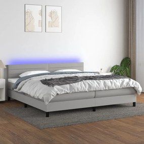 Cama box spring c/ colchão e LED 200x200 cm tecido cinza-claro