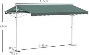 Toldo de dupla inclinação 4 x 3 m, manual e retrátil, inclinação ajustável, metal e poliéster impermeabilizado, verde escuro