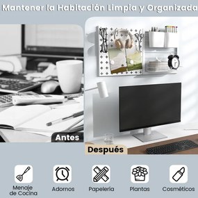 Quadro de parede com 2 painéis de fixação, ímanes para prateleiras de arrumação e ganchos para cozinha ou escritório em branco